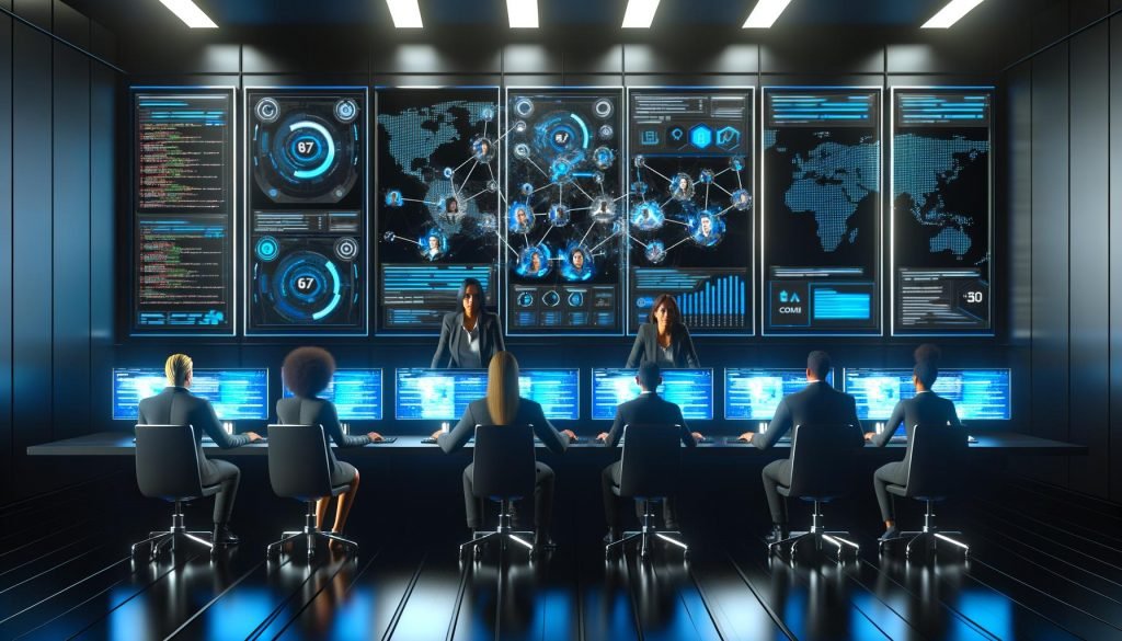 Futuristischer Social-Media-Kontrollraum mit X Branding, Monitoren, Analytics und Marketingexperten an Arbeitsplätzen in einem High-Tech-Büro