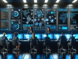 Futuristischer Social-Media-Kontrollraum mit X Branding, Monitoren, Analytics und Marketingexperten an Arbeitsplätzen in einem High-Tech-Büro