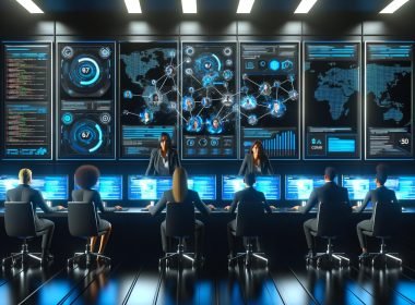 Futuristischer Social-Media-Kontrollraum mit X Branding, Monitoren, Analytics und Marketingexperten an Arbeitsplätzen in einem High-Tech-Büro