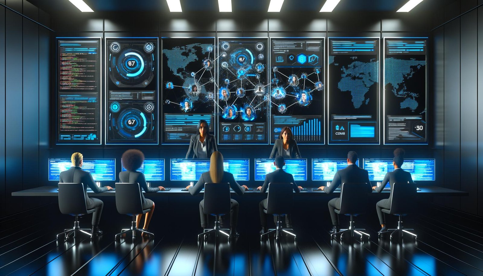 Futuristischer Social-Media-Kontrollraum mit X Branding, Monitoren, Analytics und Marketingexperten an Arbeitsplätzen in einem High-Tech-Büro