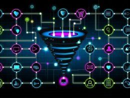 Abstrakter, moderner Marketing-Funnel mit digitalen Touchpoints, verbunden durch leuchtende Linien, umgeben von Datenströmen und Code-Elementen in dunklen Blautönen und Neonfarben.