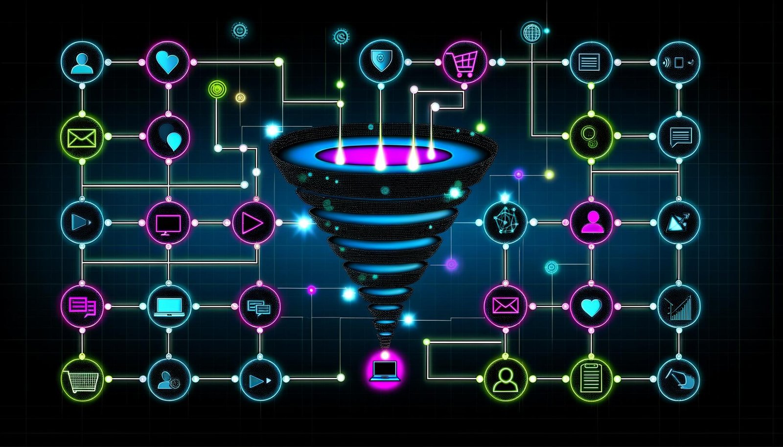 Abstrakter, moderner Marketing-Funnel mit digitalen Touchpoints, verbunden durch leuchtende Linien, umgeben von Datenströmen und Code-Elementen in dunklen Blautönen und Neonfarben.