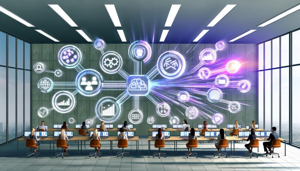 Ein modernes Büro mit Marketern, die zwischen Papierstapeln arbeiten und mithilfe von Laptops, Dashboards und holografischen Datenvisualisierungen Datenquellen effizient integrieren.