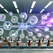 Ein modernes Büro mit Marketern, die zwischen Papierstapeln arbeiten und mithilfe von Laptops, Dashboards und holografischen Datenvisualisierungen Datenquellen effizient integrieren.
