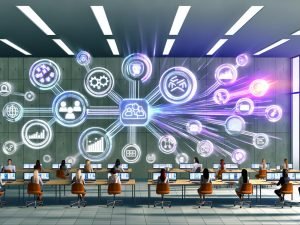 Ein modernes Büro mit Marketern, die zwischen Papierstapeln arbeiten und mithilfe von Laptops, Dashboards und holografischen Datenvisualisierungen Datenquellen effizient integrieren.
