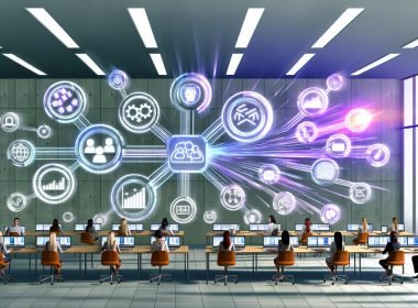 Ein modernes Büro mit Marketern, die zwischen Papierstapeln arbeiten und mithilfe von Laptops, Dashboards und holografischen Datenvisualisierungen Datenquellen effizient integrieren.
