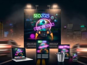 Futuristische Großstadt bei Nacht mit leuchtenden digitalen Anzeigen zu SEO 2025, Core Web Vitals und Page Speed. Im Vordergrund landet eine Präsentation im Müll, daneben eine detailreiche Website auf Laptop, Tablet und Smartphone. Ein Roboter-Google-Crawler scannt optimierte Seiten, alte verblassen.