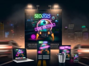 Futuristische Großstadt bei Nacht mit leuchtenden digitalen Anzeigen zu SEO 2025, Core Web Vitals und Page Speed. Im Vordergrund landet eine Präsentation im Müll, daneben eine detailreiche Website auf Laptop, Tablet und Smartphone. Ein Roboter-Google-Crawler scannt optimierte Seiten, alte verblassen.