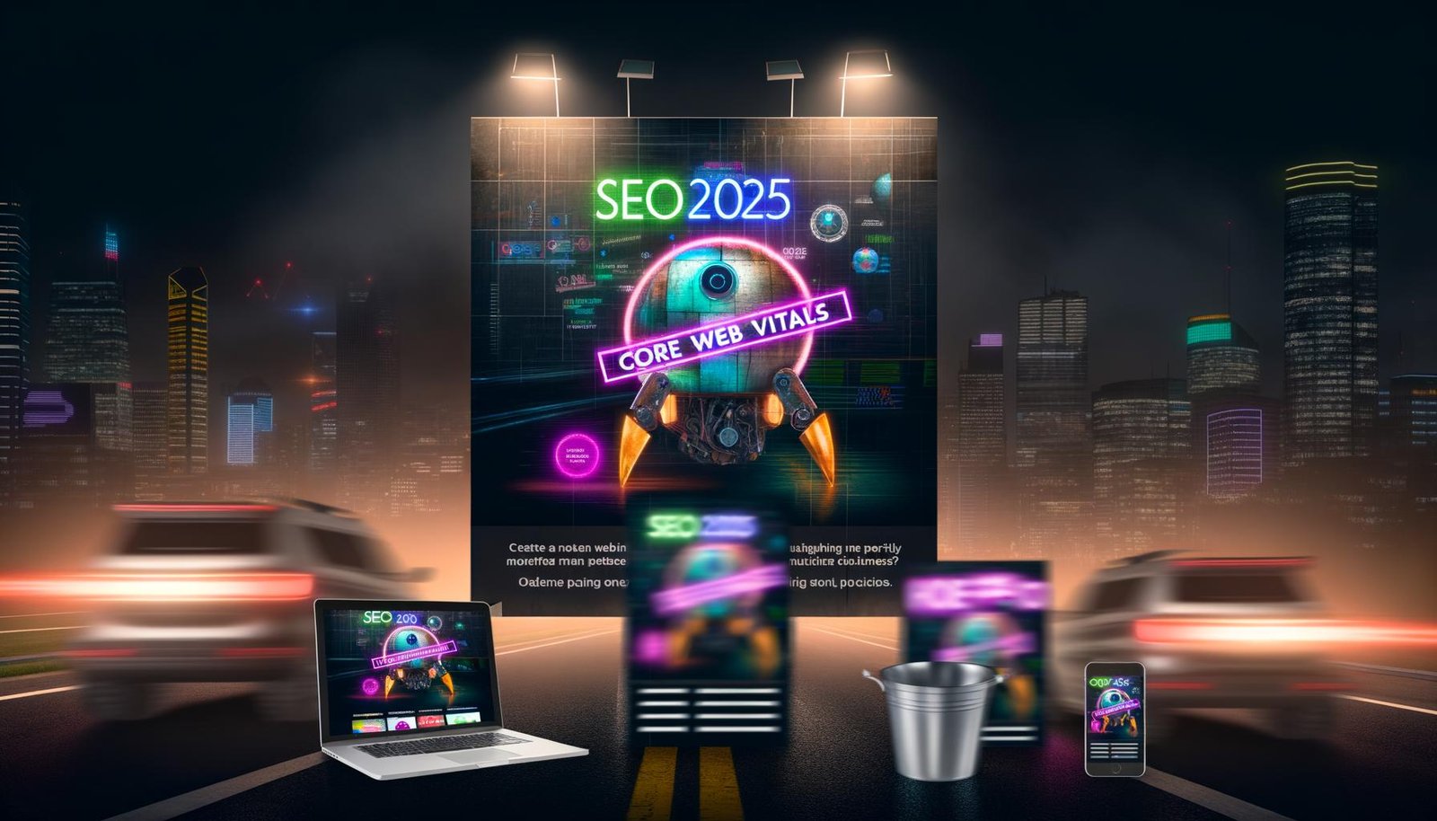 Futuristische Großstadt bei Nacht mit leuchtenden digitalen Anzeigen zu SEO 2025, Core Web Vitals und Page Speed. Im Vordergrund landet eine Präsentation im Müll, daneben eine detailreiche Website auf Laptop, Tablet und Smartphone. Ein Roboter-Google-Crawler scannt optimierte Seiten, alte verblassen.