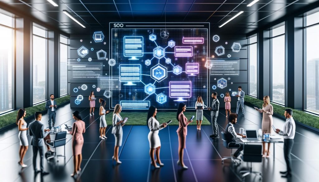 Moderne, futuristische Bürorszene mit einer übergroßen Webseite, verschiedenen Experten, digitalen Dashboards, SEO-Faktoren und vernetzten Content-Modulen.