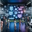 Moderne, futuristische Bürorszene mit einer übergroßen Webseite, verschiedenen Experten, digitalen Dashboards, SEO-Faktoren und vernetzten Content-Modulen.