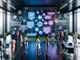 Moderne, futuristische Bürorszene mit einer übergroßen Webseite, verschiedenen Experten, digitalen Dashboards, SEO-Faktoren und vernetzten Content-Modulen.