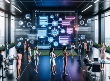 Moderne, futuristische Bürorszene mit einer übergroßen Webseite, verschiedenen Experten, digitalen Dashboards, SEO-Faktoren und vernetzten Content-Modulen.