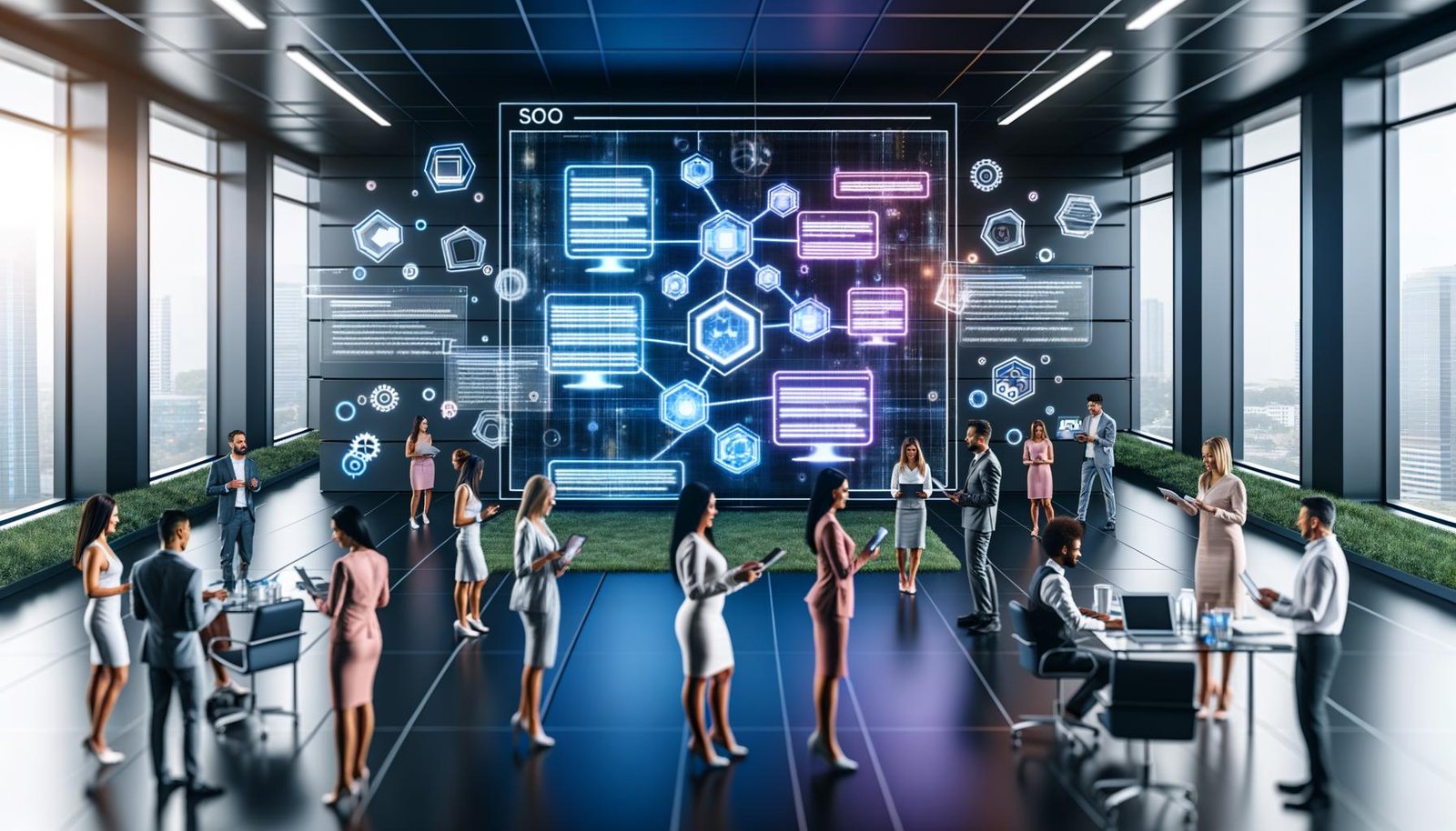 Moderne, futuristische Bürorszene mit einer übergroßen Webseite, verschiedenen Experten, digitalen Dashboards, SEO-Faktoren und vernetzten Content-Modulen.