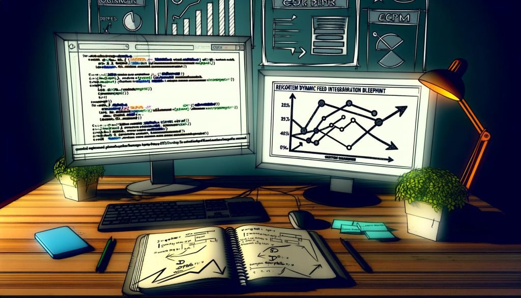 Modernes Entwickler-Workspace mit mehreren Monitoren, geöffnetem Code-Editor mit JSON, Dashboard mit steigenden Metriken und Notizbuch mit Revcontent Feed-Integration Blueprint.