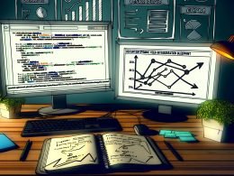 Modernes Entwickler-Workspace mit mehreren Monitoren, geöffnetem Code-Editor mit JSON, Dashboard mit steigenden Metriken und Notizbuch mit Revcontent Feed-Integration Blueprint.