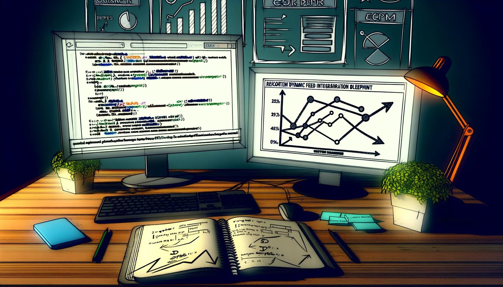 Modernes Entwickler-Workspace mit mehreren Monitoren, geöffnetem Code-Editor mit JSON, Dashboard mit steigenden Metriken und Notizbuch mit Revcontent Feed-Integration Blueprint.