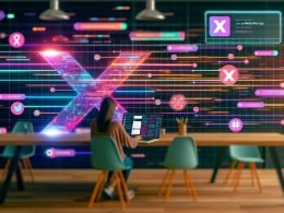 Social-Media-Manager tippt im modernen Co-Working-Space einen Prompt in ein KI-Interface, umgeben von visualisierten Datenströmen, Algorithmen und Social-Media-Symbolen.