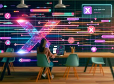 Social-Media-Manager tippt im modernen Co-Working-Space einen Prompt in ein KI-Interface, umgeben von visualisierten Datenströmen, Algorithmen und Social-Media-Symbolen.