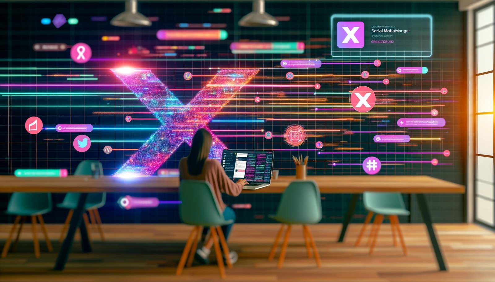 Social-Media-Manager tippt im modernen Co-Working-Space einen Prompt in ein KI-Interface, umgeben von visualisierten Datenströmen, Algorithmen und Social-Media-Symbolen.