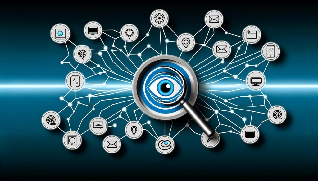 Abstrakte Grafik einer vernetzten Customer Journey mit Icons für Webseiten, Social Media, E-Mail, Smartphone und Ladengeschäft, zentral eine Lupe oder ein Auge als Symbol für Tracking, in glänzenden Blau- und Türkistönen mit Neon-Effekt