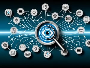 Abstrakte Grafik einer vernetzten Customer Journey mit Icons für Webseiten, Social Media, E-Mail, Smartphone und Ladengeschäft, zentral eine Lupe oder ein Auge als Symbol für Tracking, in glänzenden Blau- und Türkistönen mit Neon-Effekt
