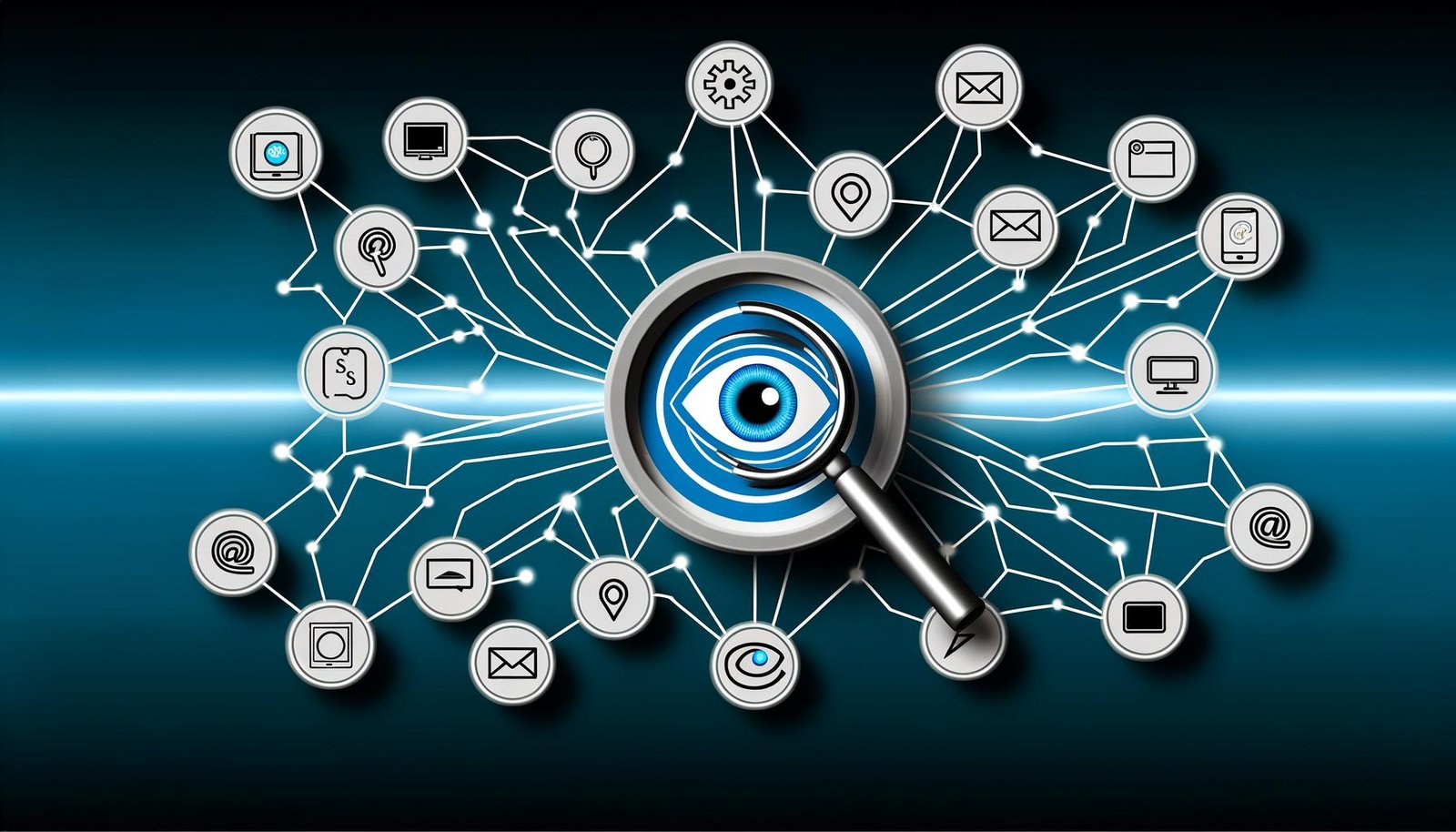 Abstrakte Grafik einer vernetzten Customer Journey mit Icons für Webseiten, Social Media, E-Mail, Smartphone und Ladengeschäft, zentral eine Lupe oder ein Auge als Symbol für Tracking, in glänzenden Blau- und Türkistönen mit Neon-Effekt