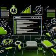 Dynamische, minimalistische Illustration einer modernen Webseite als digitaler Bauplan mit HTML-Codeschichten, Navigation, SEO-Checklisten, Servern und Analyse-Tools auf dunklem Hintergrund.