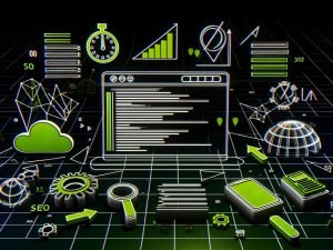 Dynamische, minimalistische Illustration einer modernen Webseite als digitaler Bauplan mit HTML-Codeschichten, Navigation, SEO-Checklisten, Servern und Analyse-Tools auf dunklem Hintergrund.