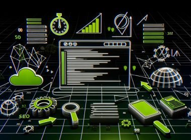 Dynamische, minimalistische Illustration einer modernen Webseite als digitaler Bauplan mit HTML-Codeschichten, Navigation, SEO-Checklisten, Servern und Analyse-Tools auf dunklem Hintergrund.