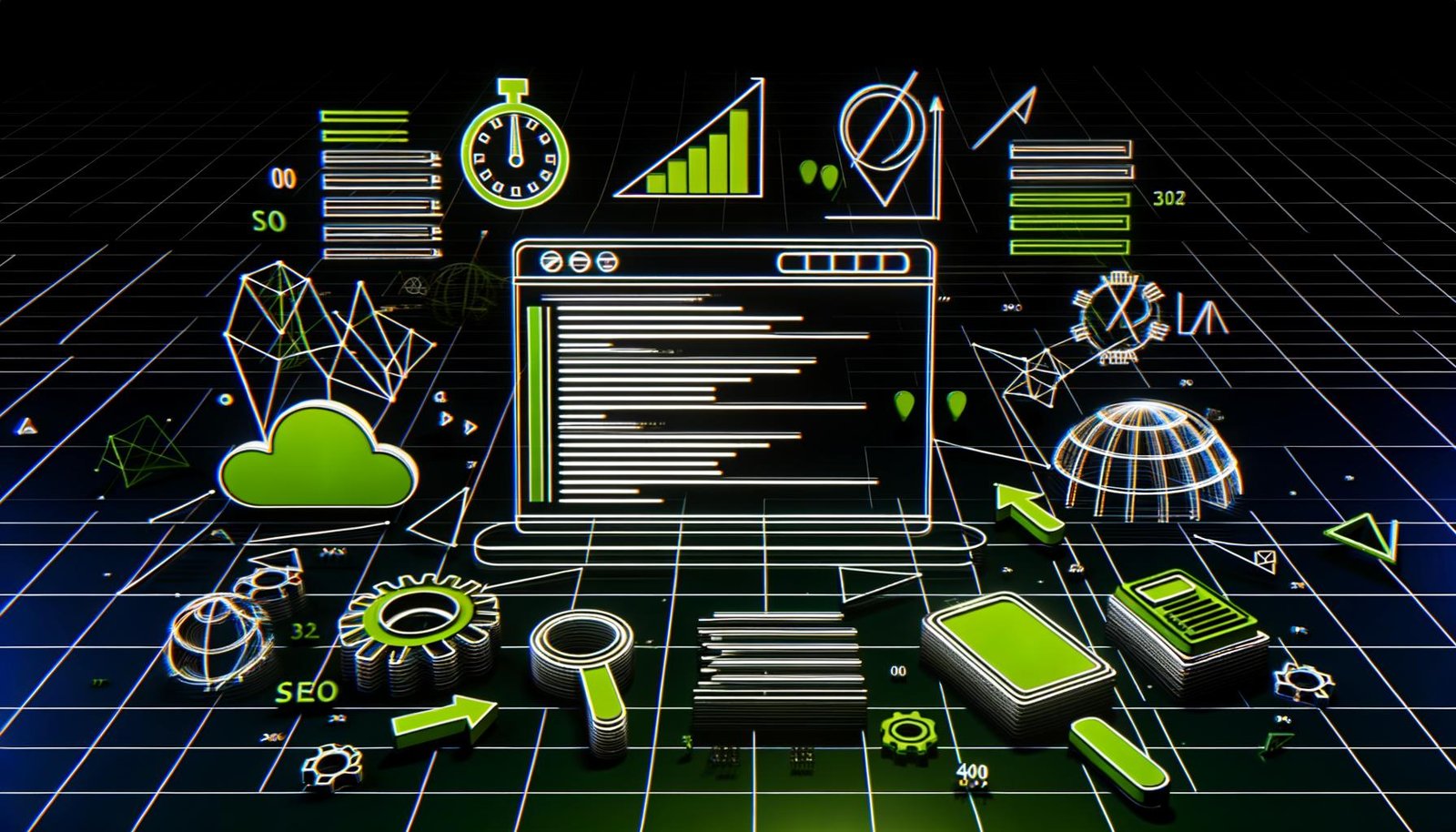 Dynamische, minimalistische Illustration einer modernen Webseite als digitaler Bauplan mit HTML-Codeschichten, Navigation, SEO-Checklisten, Servern und Analyse-Tools auf dunklem Hintergrund.