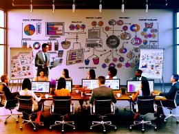 Digitalstratege im modernen Büro mit Monitoren, die Analyse-Dashboards und SEO-Tools zeigen, während Kollegen an Content-Workflows zusammenarbeiten