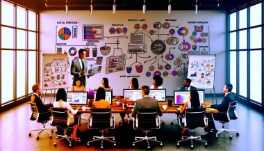 Digitalstratege im modernen Büro mit Monitoren, die Analyse-Dashboards und SEO-Tools zeigen, während Kollegen an Content-Workflows zusammenarbeiten