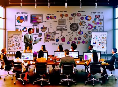 Digitalstratege im modernen Büro mit Monitoren, die Analyse-Dashboards und SEO-Tools zeigen, während Kollegen an Content-Workflows zusammenarbeiten
