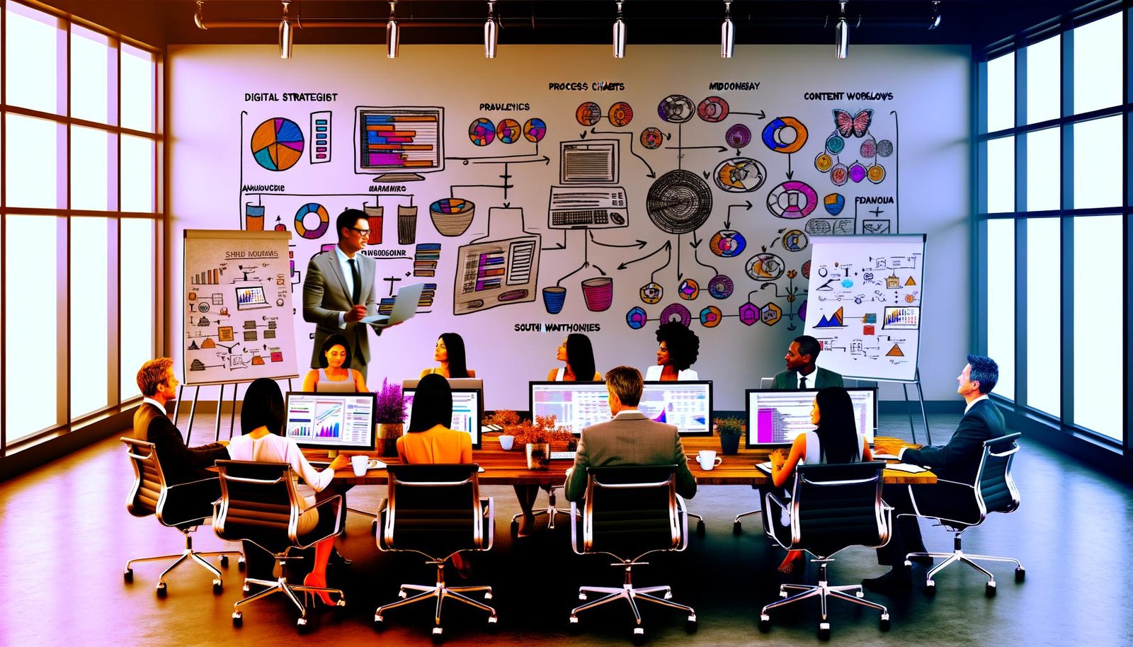 Digitalstratege im modernen Büro mit Monitoren, die Analyse-Dashboards und SEO-Tools zeigen, während Kollegen an Content-Workflows zusammenarbeiten
