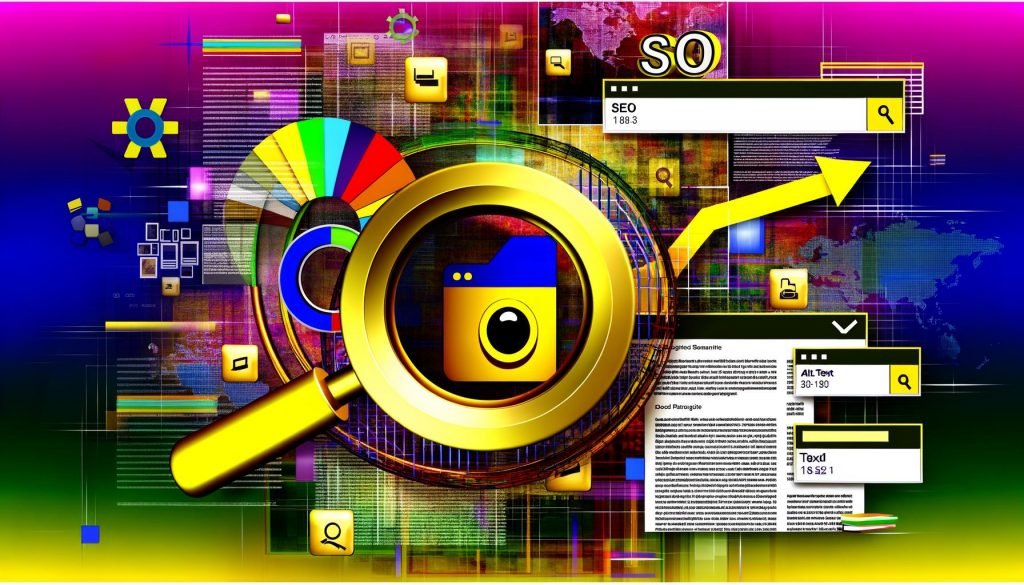 Modernes und technikorientiertes Titelbild mit Lupe über stilisierten Bildern, SEO-Symbolen wie Kamera und Dateinamen, Alt-Text und Ladezeit-Anzeige im digitalen Dashboard-Stil.