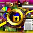 Modernes und technikorientiertes Titelbild mit Lupe über stilisierten Bildern, SEO-Symbolen wie Kamera und Dateinamen, Alt-Text und Ladezeit-Anzeige im digitalen Dashboard-Stil.
