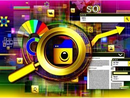 Modernes und technikorientiertes Titelbild mit Lupe über stilisierten Bildern, SEO-Symbolen wie Kamera und Dateinamen, Alt-Text und Ladezeit-Anzeige im digitalen Dashboard-Stil.