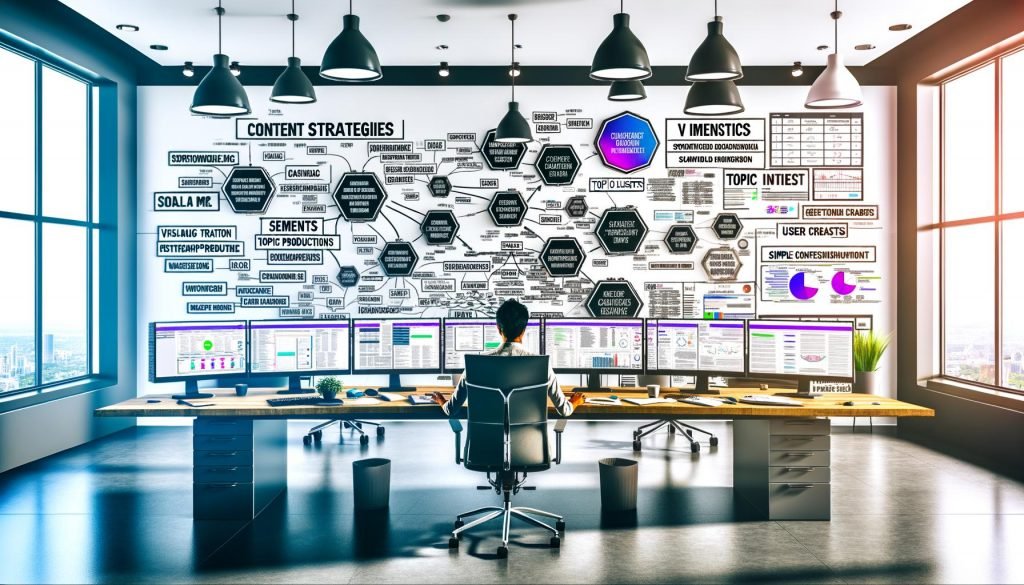 Ein moderner Marketing-Profi im lichtdurchfluteten Büro vor Monitoren mit Themenclustern, SEO-Dashboards und strategischer Planung. Whiteboard mit Begriffen wie Semantik und E-E-A-T im Hintergrund.