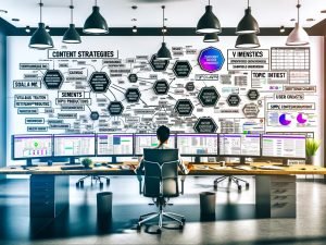 Ein moderner Marketing-Profi im lichtdurchfluteten Büro vor Monitoren mit Themenclustern, SEO-Dashboards und strategischer Planung. Whiteboard mit Begriffen wie Semantik und E-E-A-T im Hintergrund.