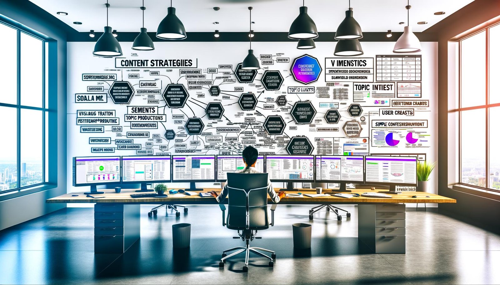 Ein moderner Marketing-Profi im lichtdurchfluteten Büro vor Monitoren mit Themenclustern, SEO-Dashboards und strategischer Planung. Whiteboard mit Begriffen wie Semantik und E-E-A-T im Hintergrund.