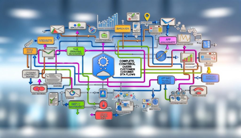 Abbildung einer komplexen Customer Journey mit vernetzten digitalen Touchpoints, Data Layer, Tracking-Plan und Datenschutz-Icons in moderner 3D-Grafik.