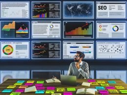 Digitalstratege arbeitet in modernem Newsroom mit Monitoren voller YouTube-Analytics, SEO-Diagrammen und Keyword-Recherche-Tools. Auf dem Tisch liegen Notizbücher, Laptop und bunte Post-its mit Content-Ideen.