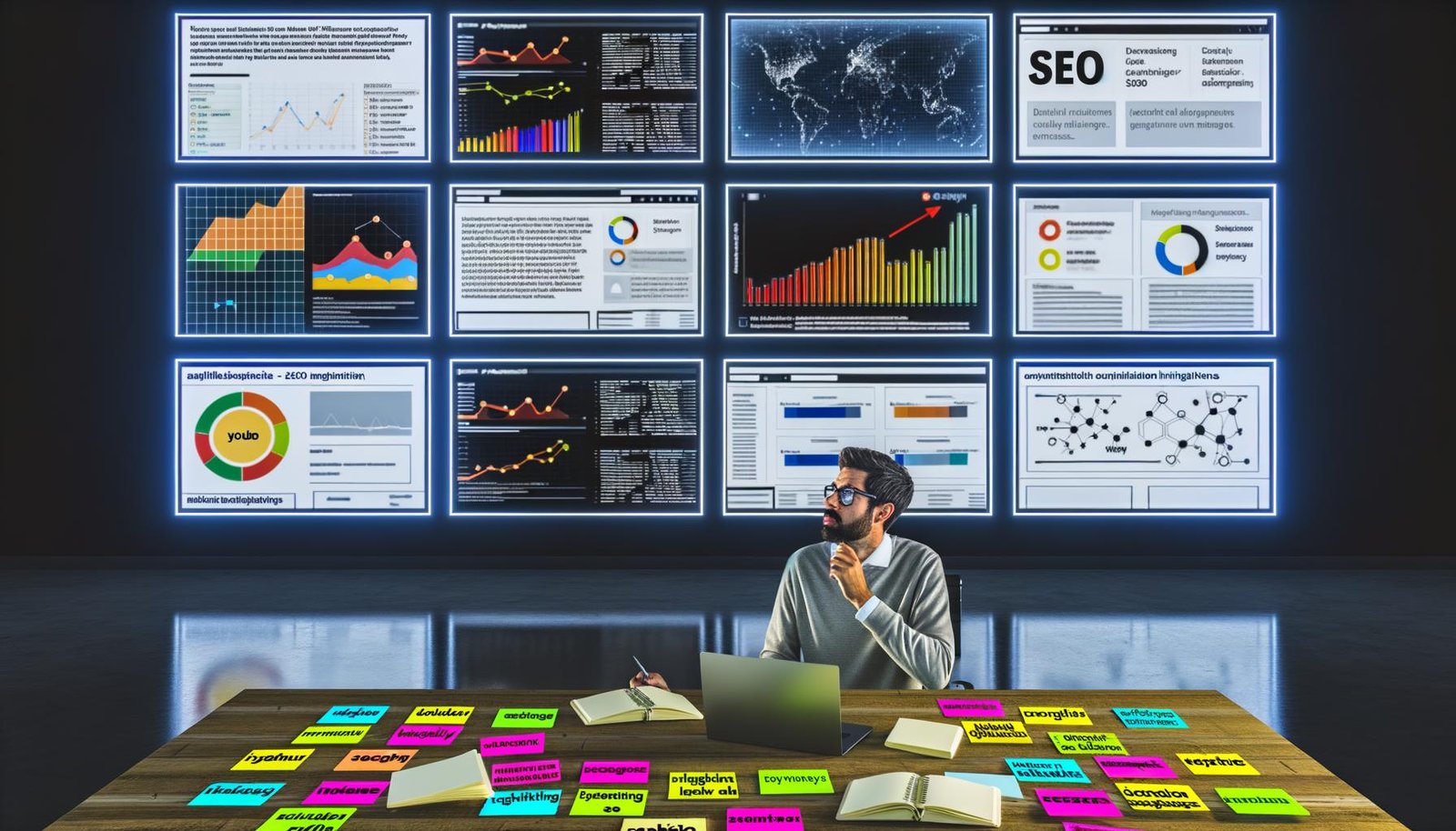 Digitalstratege arbeitet in modernem Newsroom mit Monitoren voller YouTube-Analytics, SEO-Diagrammen und Keyword-Recherche-Tools. Auf dem Tisch liegen Notizbücher, Laptop und bunte Post-its mit Content-Ideen.