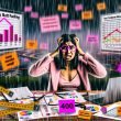 Gestresste Content Creator am überfüllten Schreibtisch mit SEO-Auswertungen, Keywords, Browserfehlern und analytischer Stimmung im modernen Büro.