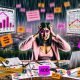 Gestresste Content Creator am überfüllten Schreibtisch mit SEO-Auswertungen, Keywords, Browserfehlern und analytischer Stimmung im modernen Büro.