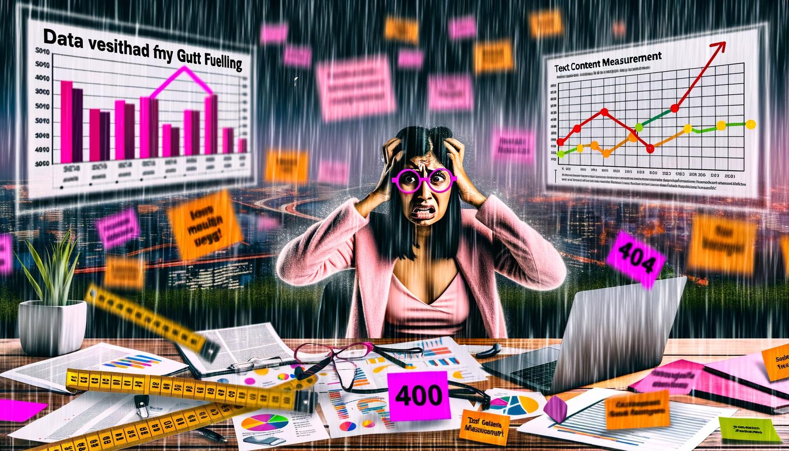 Gestresste Content Creator am überfüllten Schreibtisch mit SEO-Auswertungen, Keywords, Browserfehlern und analytischer Stimmung im modernen Büro.