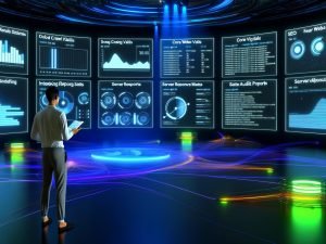 Futuristischer Kontrollraum mit digitalen Bildschirmen, die SEO-Daten, Site-Audits und Webvital-Analysen zeigen; Experte analysiert Dashboards mit Tablet.