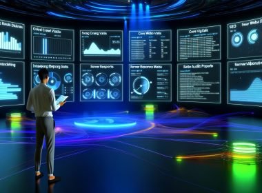 Futuristischer Kontrollraum mit digitalen Bildschirmen, die SEO-Daten, Site-Audits und Webvital-Analysen zeigen; Experte analysiert Dashboards mit Tablet.