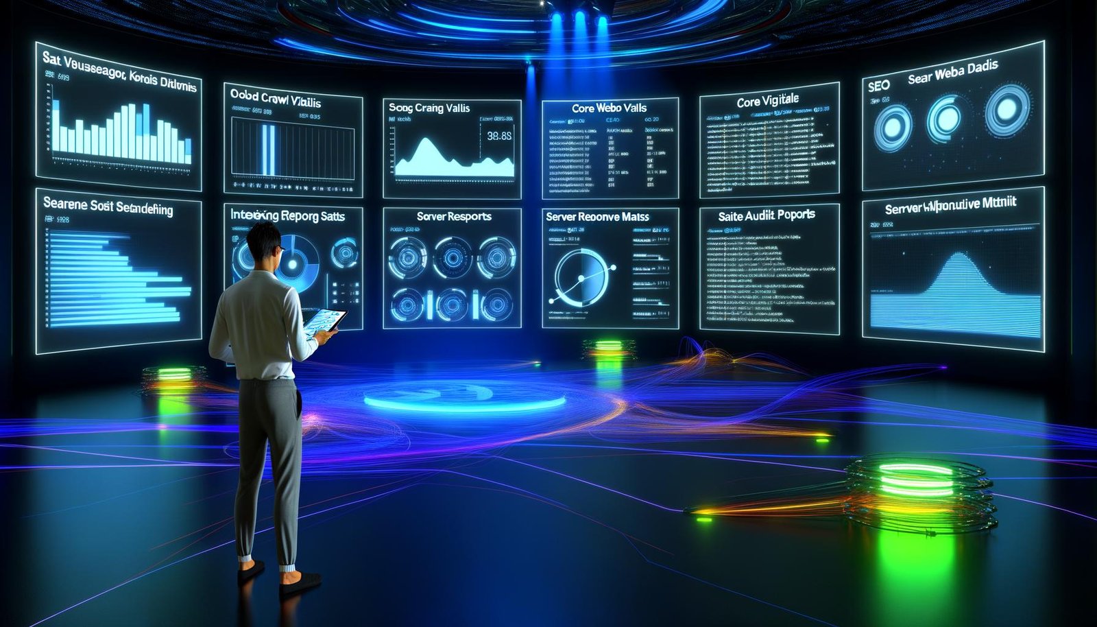 Futuristischer Kontrollraum mit digitalen Bildschirmen, die SEO-Daten, Site-Audits und Webvital-Analysen zeigen; Experte analysiert Dashboards mit Tablet.